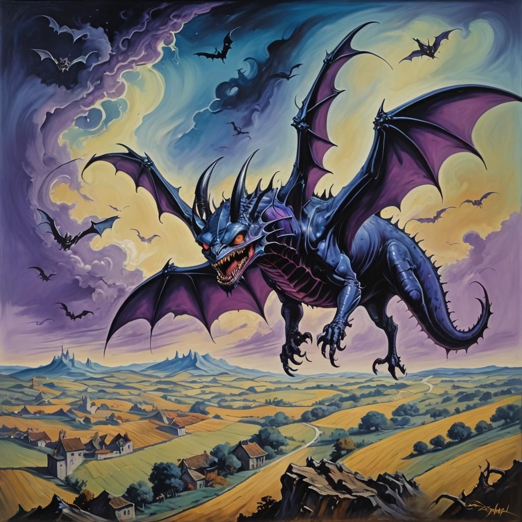 Surreal Wyvern Flies at Night as Oil Painting