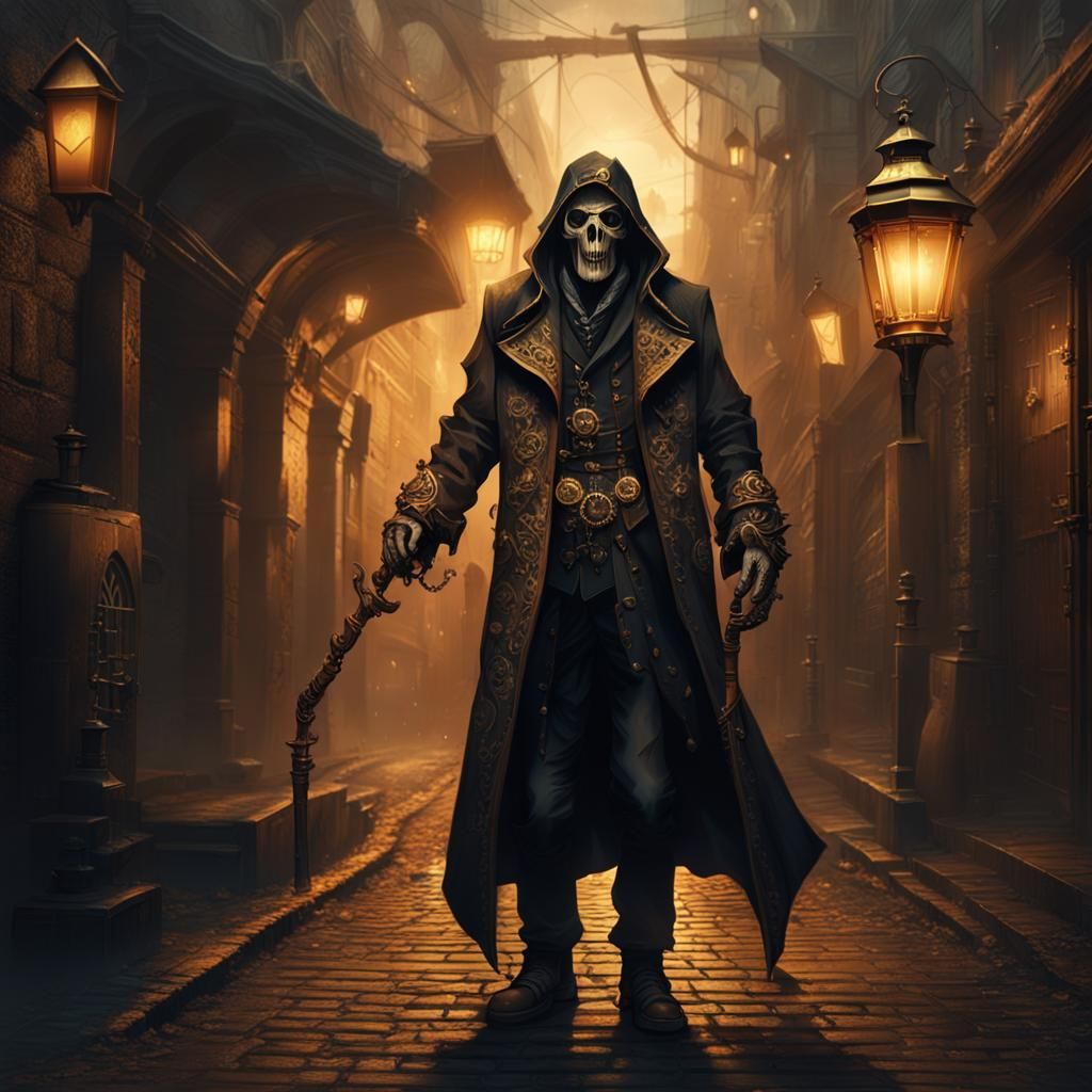 Steampunk Grim Reaper in Misty Alleyway