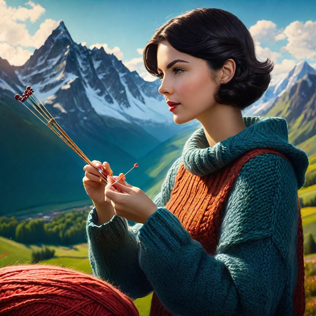 Girl Knitting Mountain Landscape: Digital Oil Painting