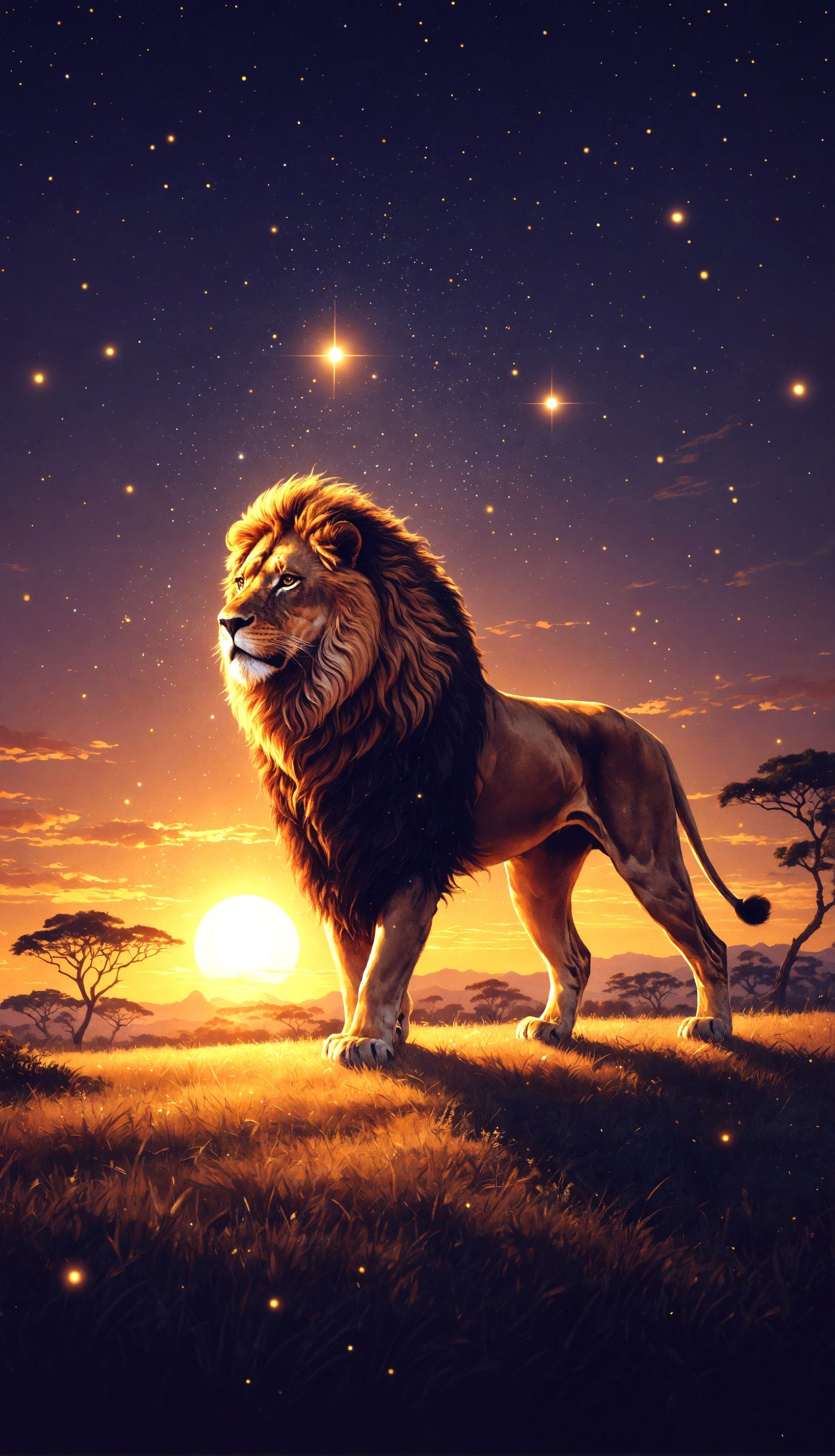 Golden Lion in Glittering Savannah Sunset