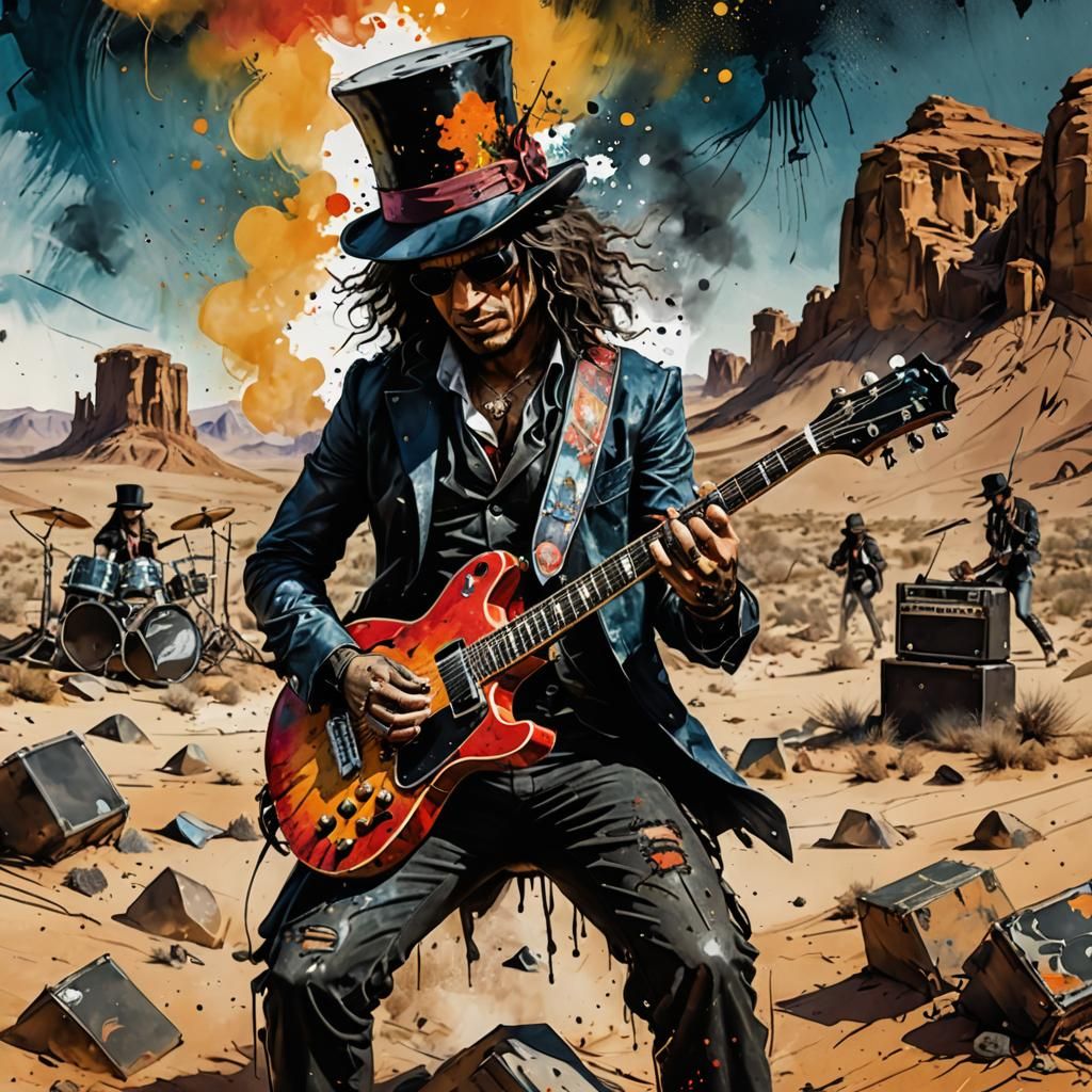 Desert Guitarist in Maximalist Mixed Media Style