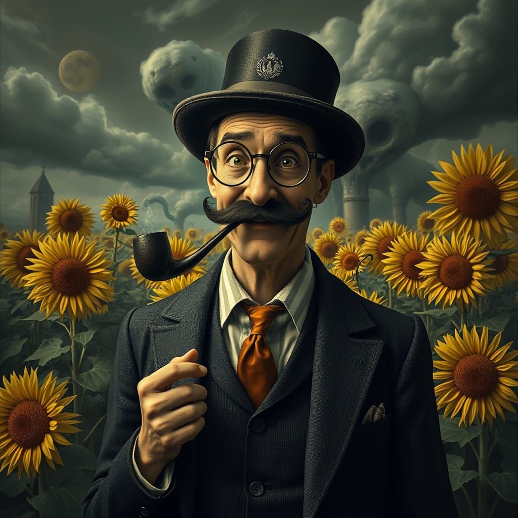 Ominous Sunflowers: Eerie Portrait in Dark Humor Style