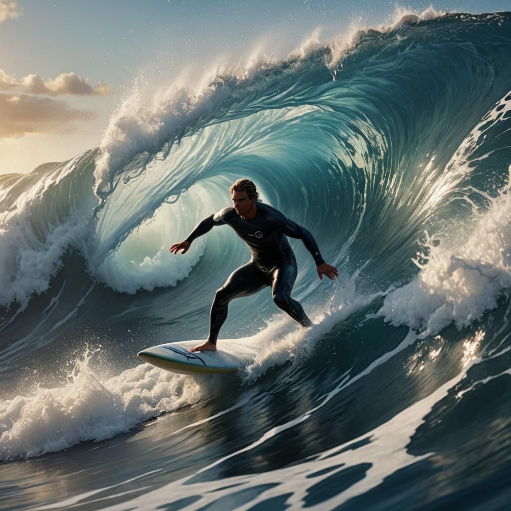 Surfer Rides Massive Wave in Hyperrealistic Splash Art