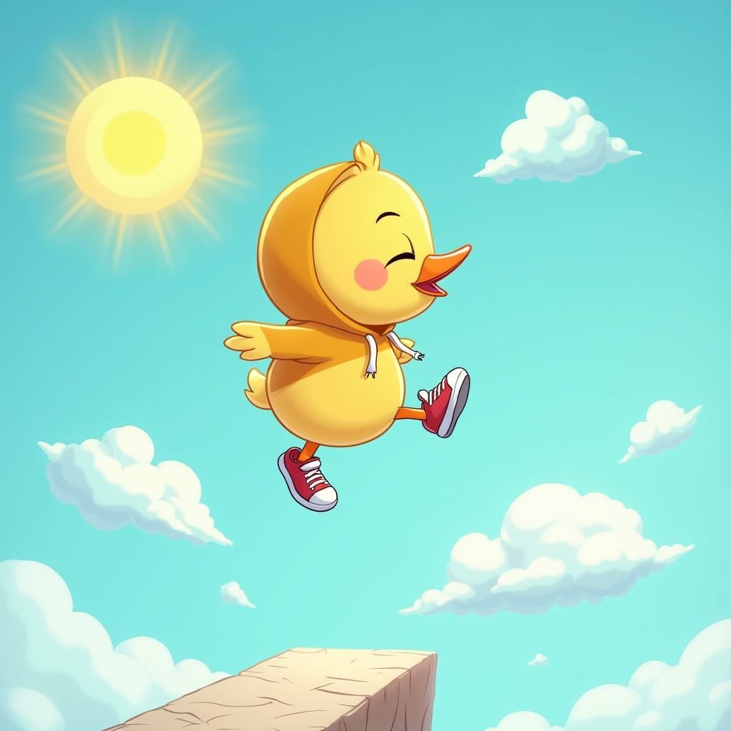Cartoon Chick Plays Sky Jumper Game