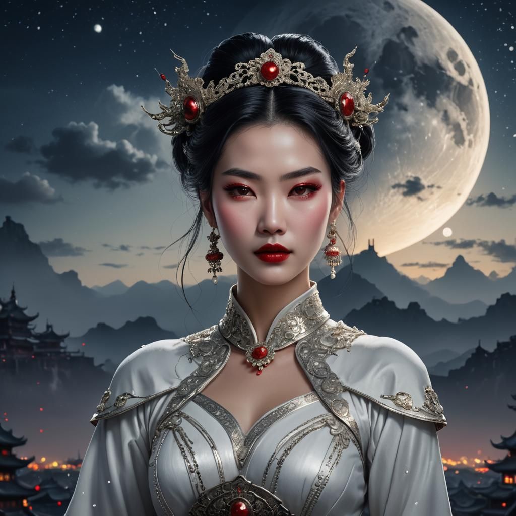 Beautiful Chinese Empress Portrait with Moonlit Night Sky