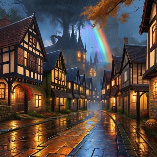 Autumn Tudor Village Street in Digital Painting Style