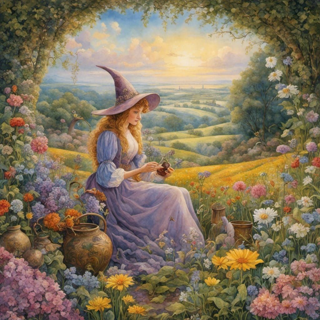 Enchanting Witch Brews Potion in Floral Landscape