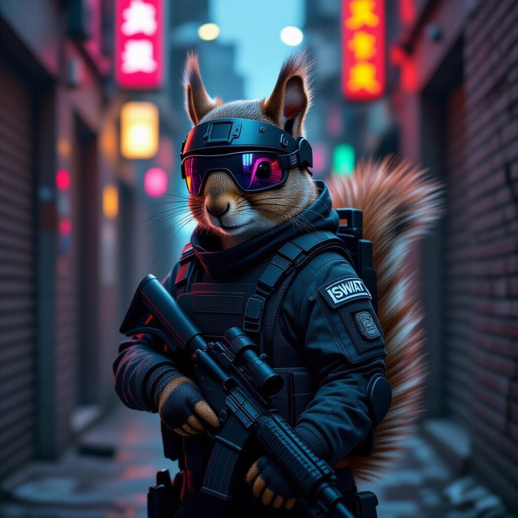 Cyberpunk Squirrel SWAT Officer in Neon Alley