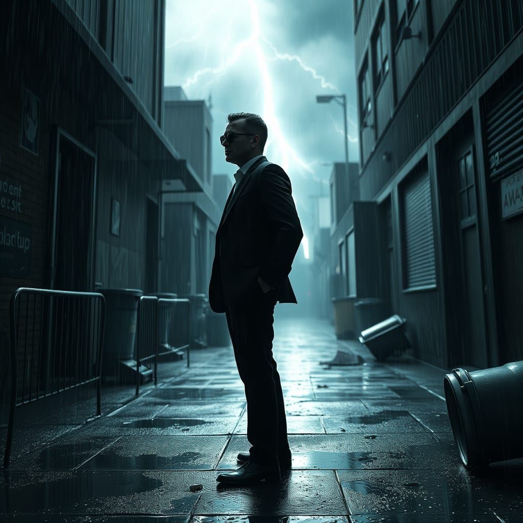 Men in Black Stand Tall in Turbulent Stormy Alleyway