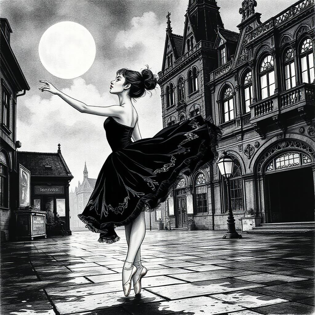 Dark Swan Ballet Dancer in Gothic Town, Ink Drawing