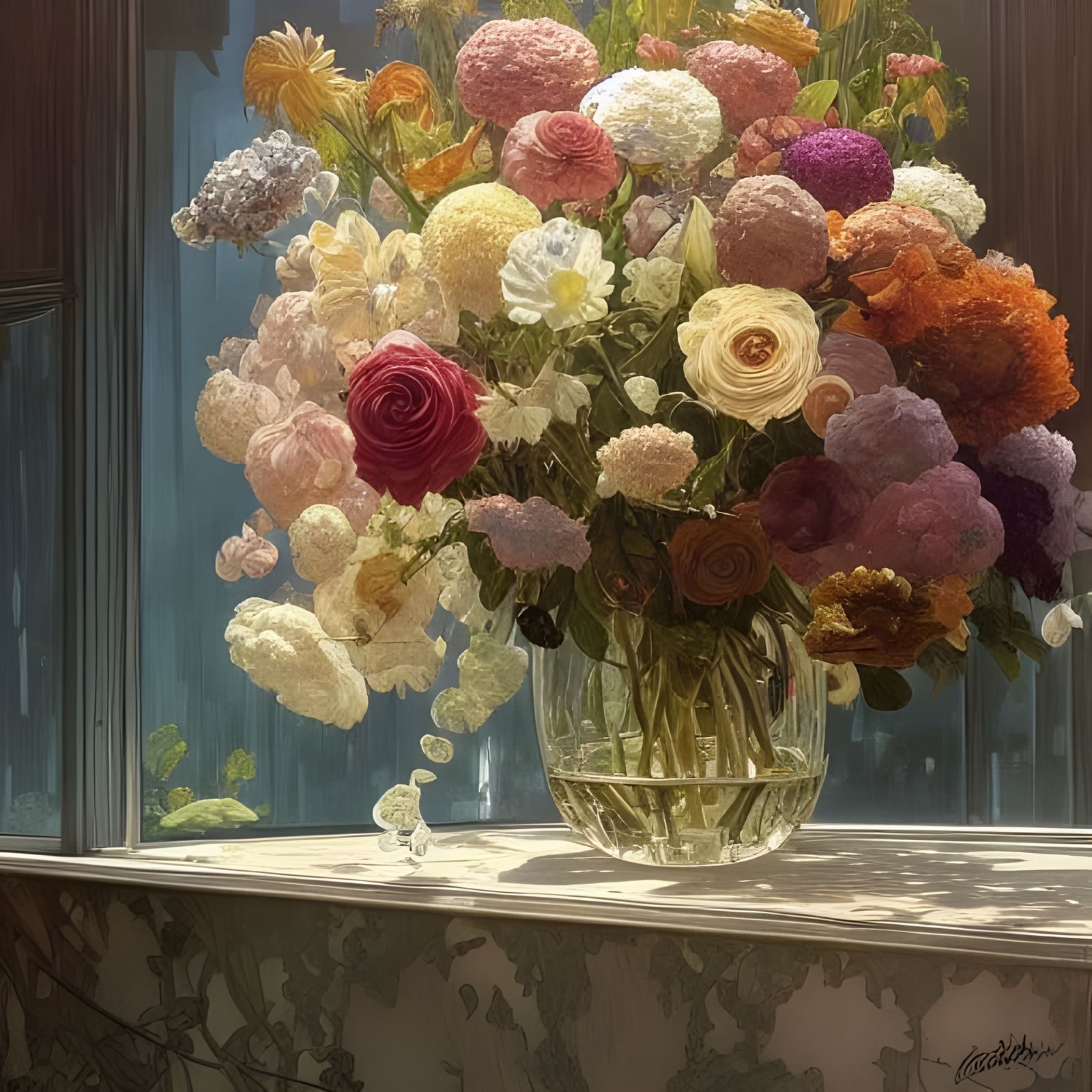 Elegant Flower Bouquet in Glass Vase: Digital Art