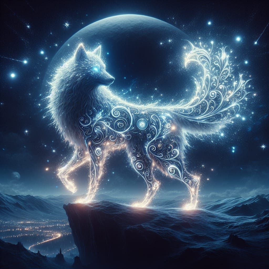 Glowing Wolf in Ethereal Landscape, Hyperrealistic Digital A...
