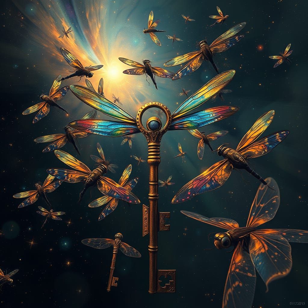 Jewel Dragonflies Carry Antique Key Through Cosmic Vortex