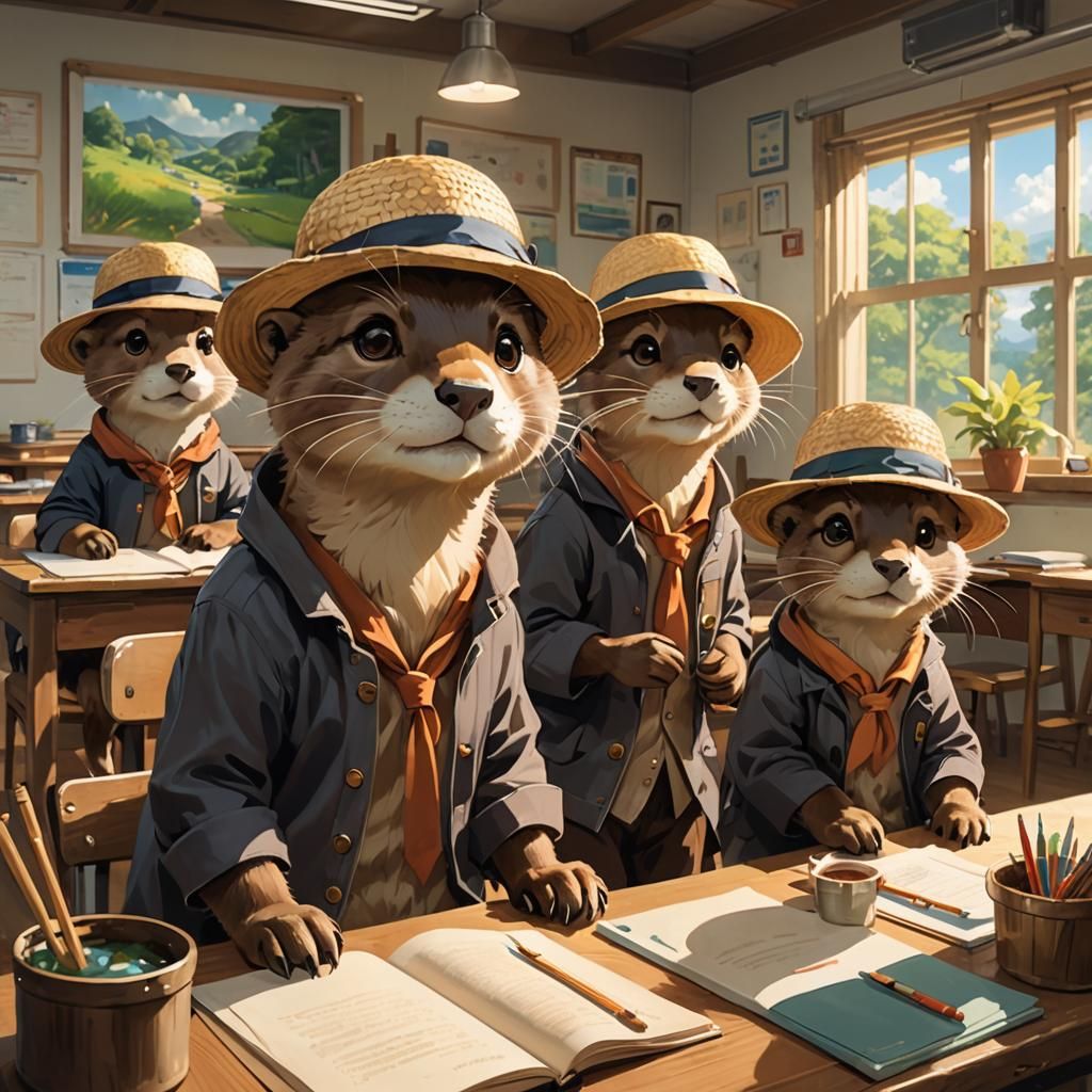 Otters in School: An Acrylic Painting