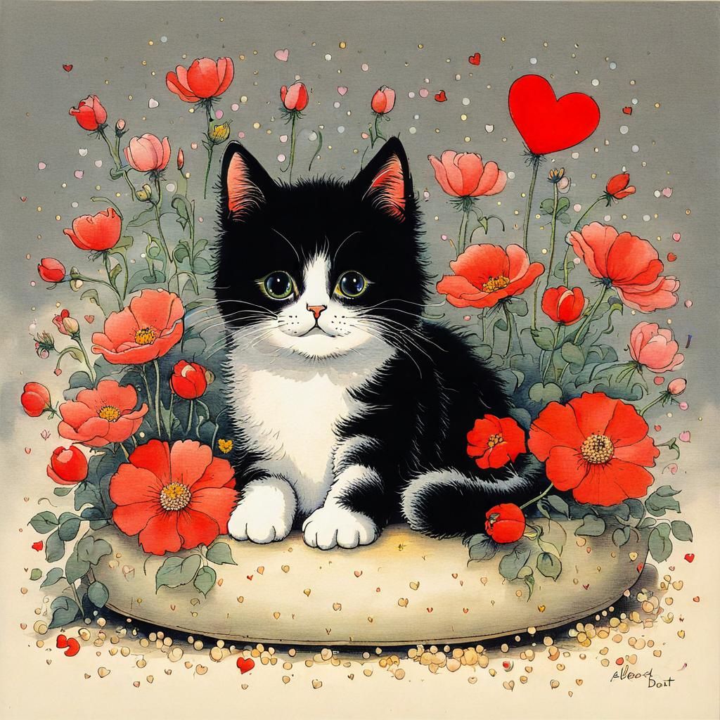 Cute Cat on Pillow with Flowers, in Cartoon Style