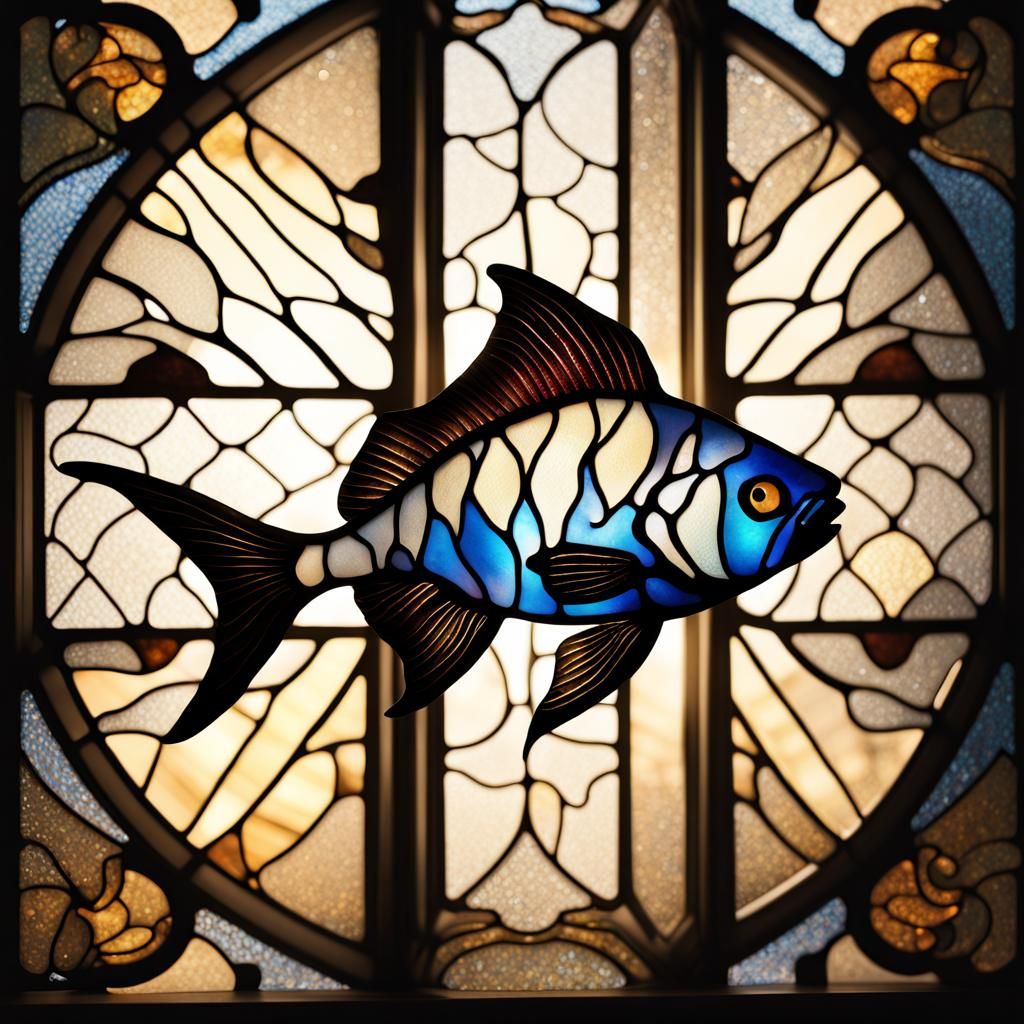 Stained Glass Fish Lamp in Photorealistic CGI Style