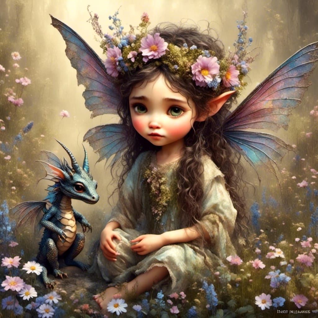 Fairy with Dragon Amongst Wildflowers