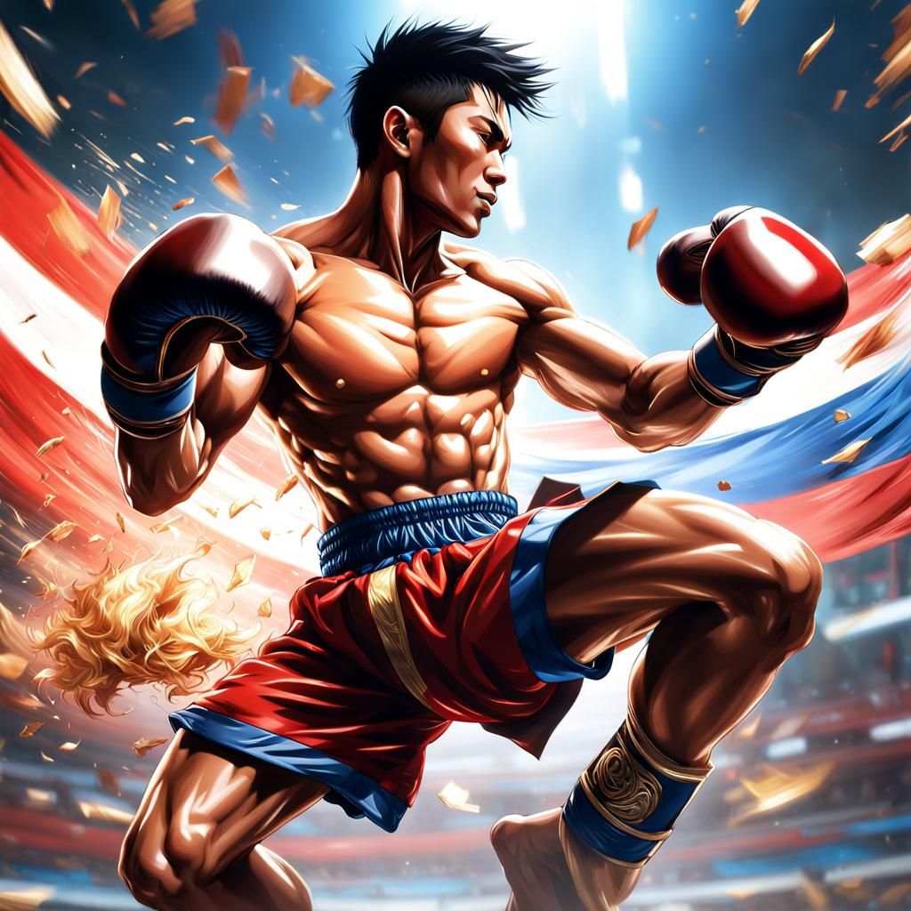 Dynamic Muay Thai Fighter in Anime Style