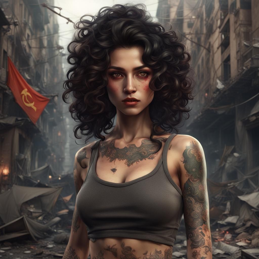 Intricate Painting of a Communist Girl in Wrecked City