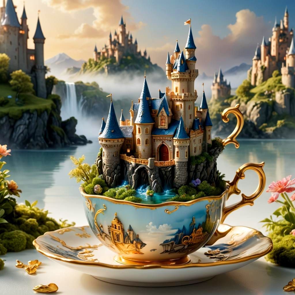 Floating Castle Island in Teacup: Hyperrealistic Dreamscape