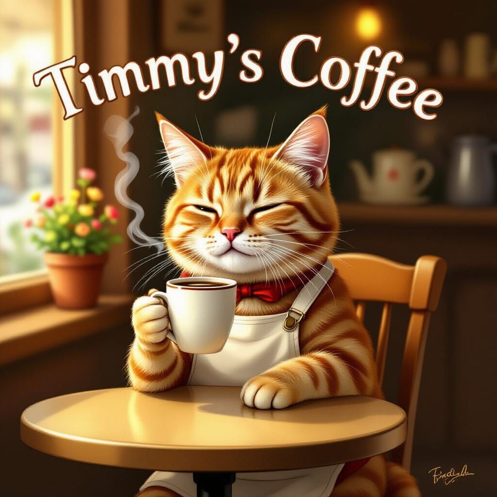 Ginger Cat Timmy Enjoys Coffee in Cozy Cafe