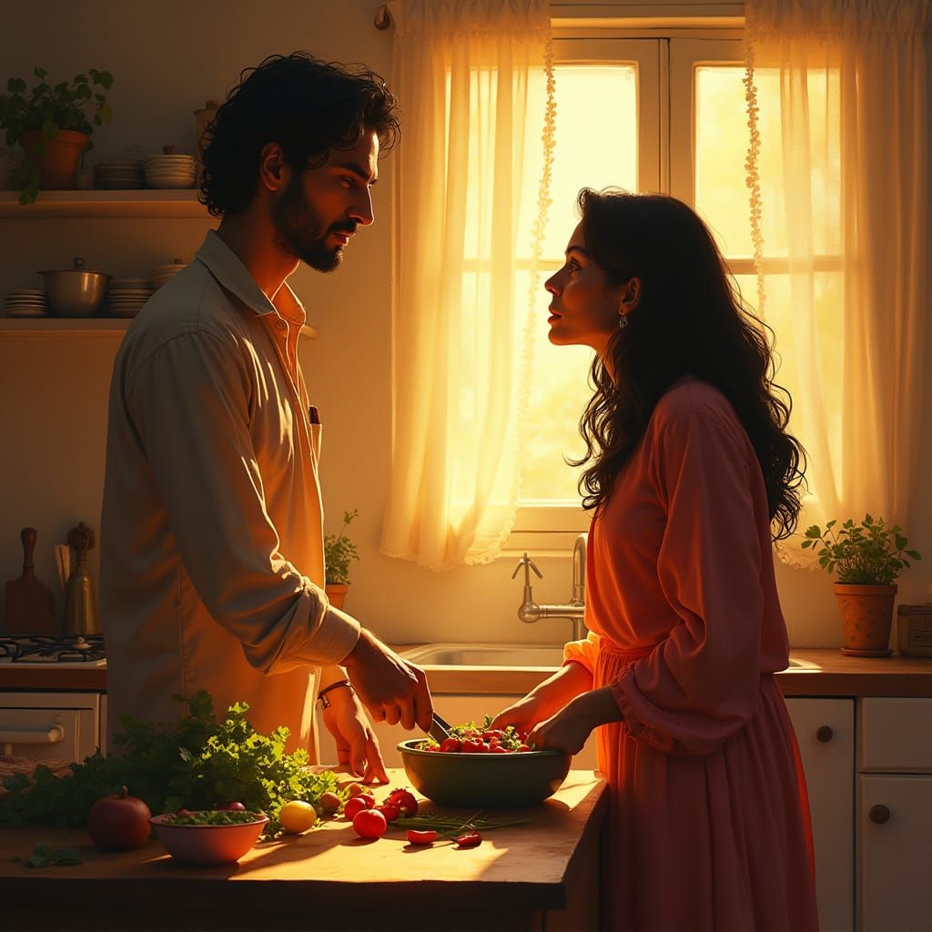 Warm Intimate Scene of Love and Comfort in a Cozy Kitchen