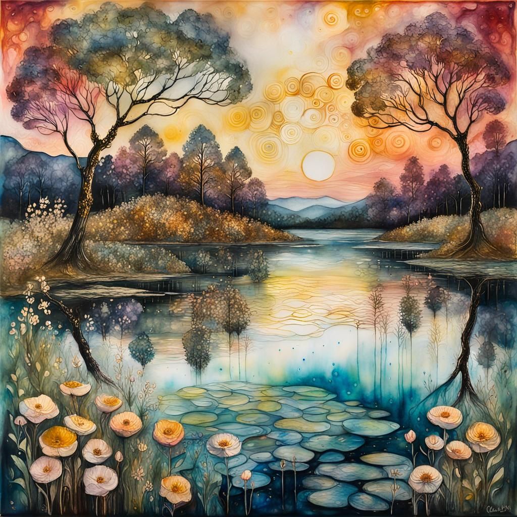 Spring Sunset Landscape in Encaustic Mixed Media