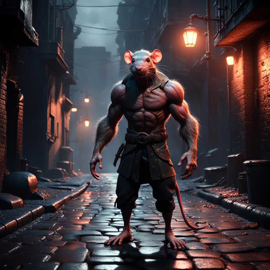 Muscular Rat-Man in Misty Cyberpunk Alleyway