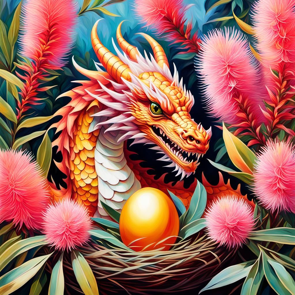 Colorful Dragon with Golden Egg in Neo-Impressionism Style