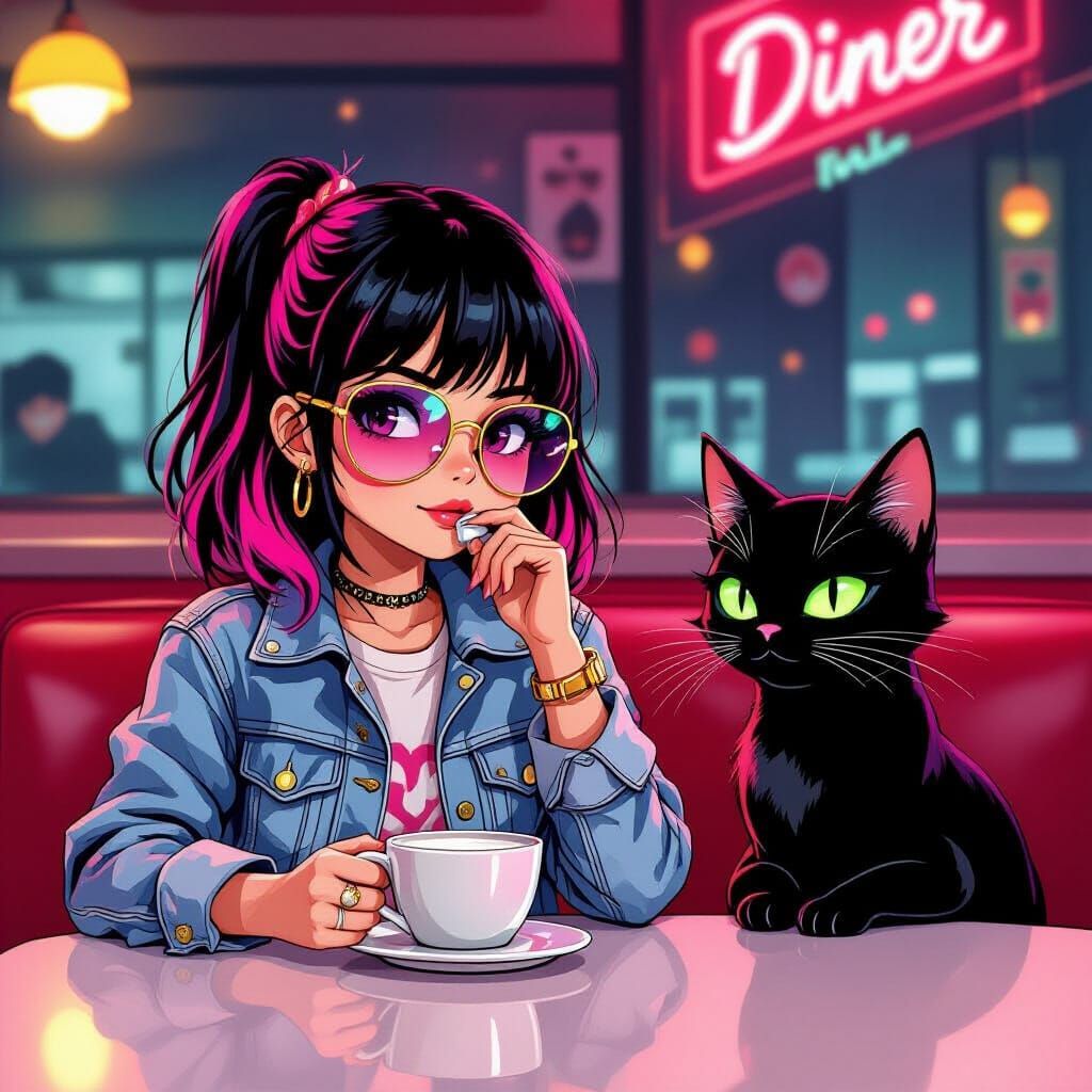 Cool Girl and Cat Enjoying a Restaurant