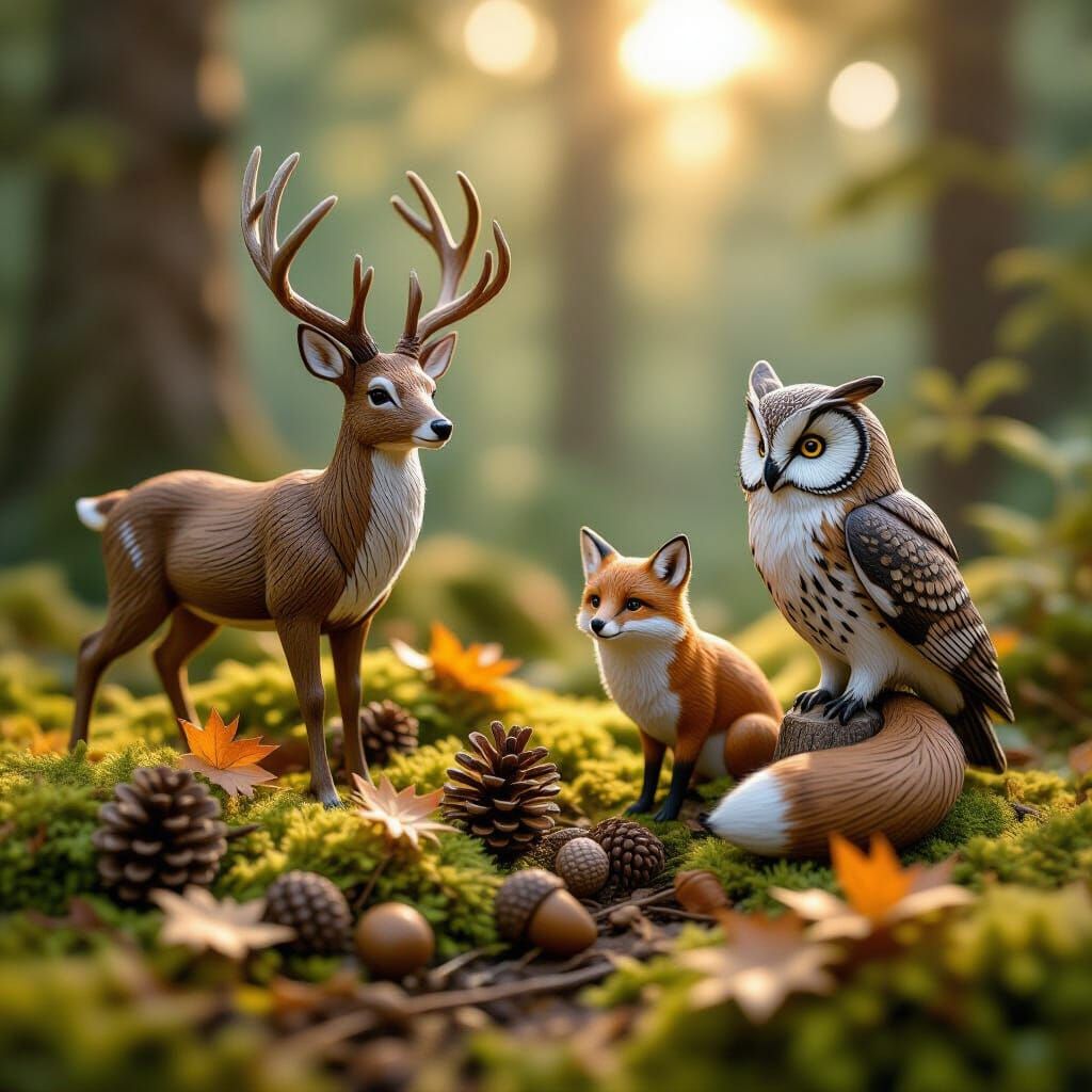 Handcrafted Wooden Woodland Scene with Animals