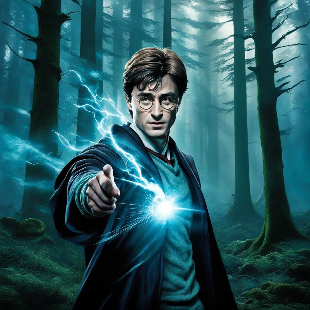 Harry Potter Casting Patronus in Dark Forest, Detailed Art