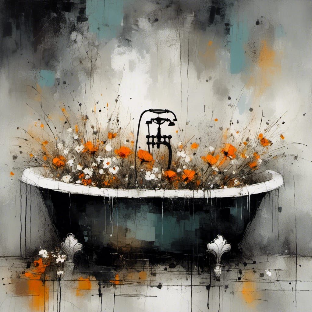 Surreal Bathtub with Flowers in Expressionist Style