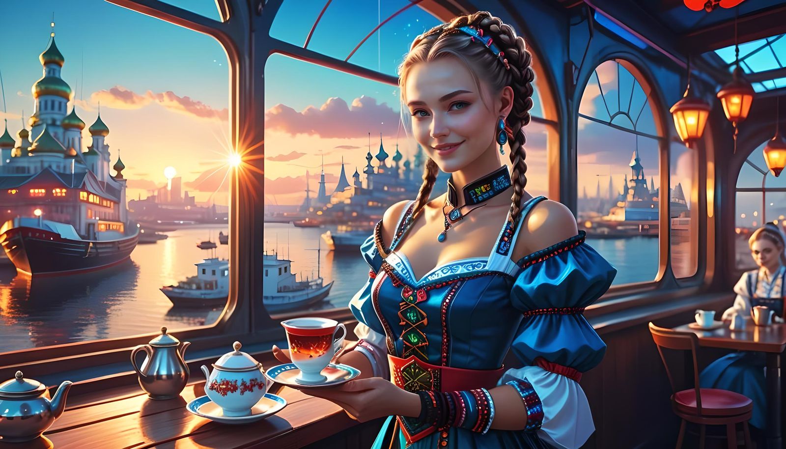 Cyberpunk Waitress in Sci-Fi Harbor: Digital Art