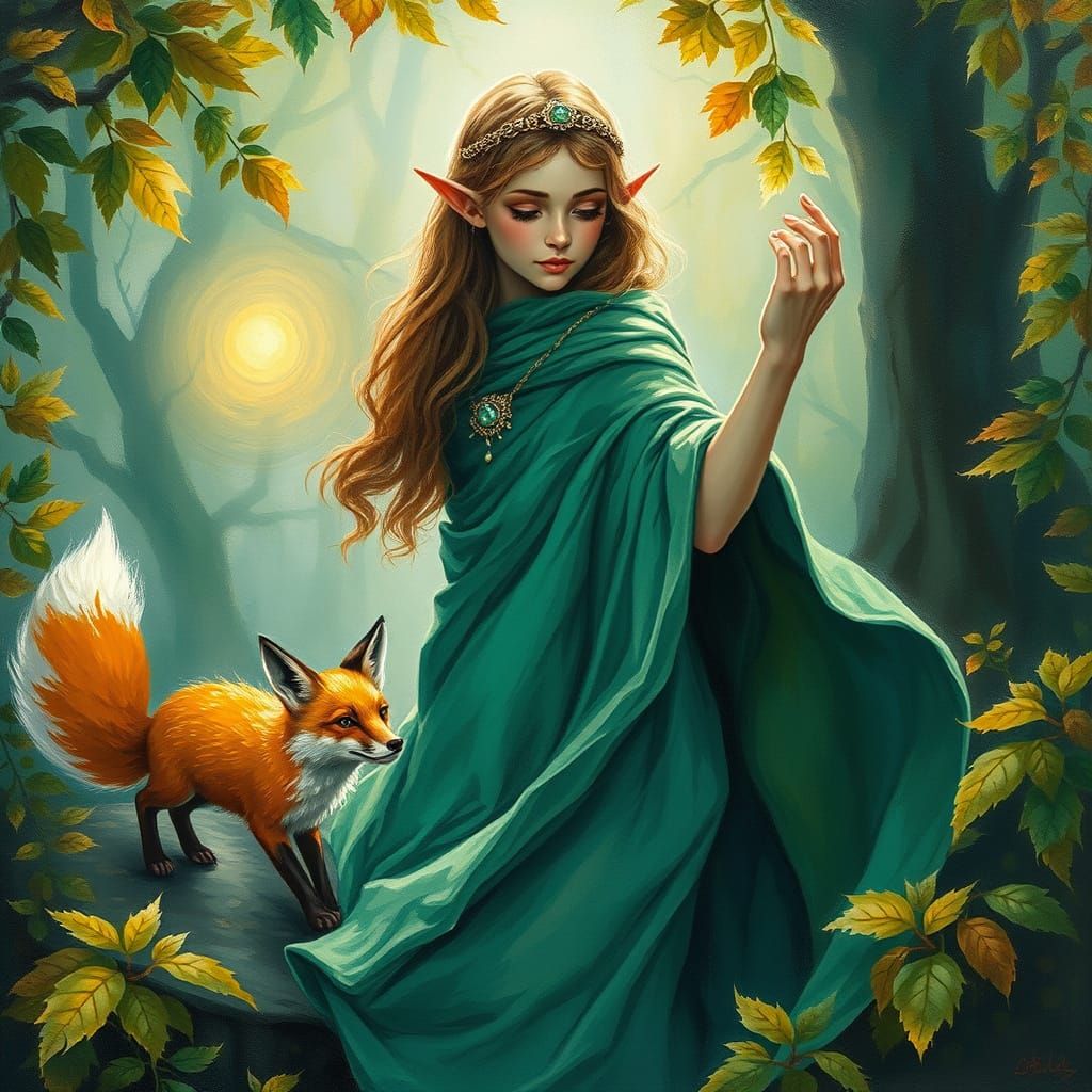 Fantasy Elf Druid Enchants Forest with Fox Familiar