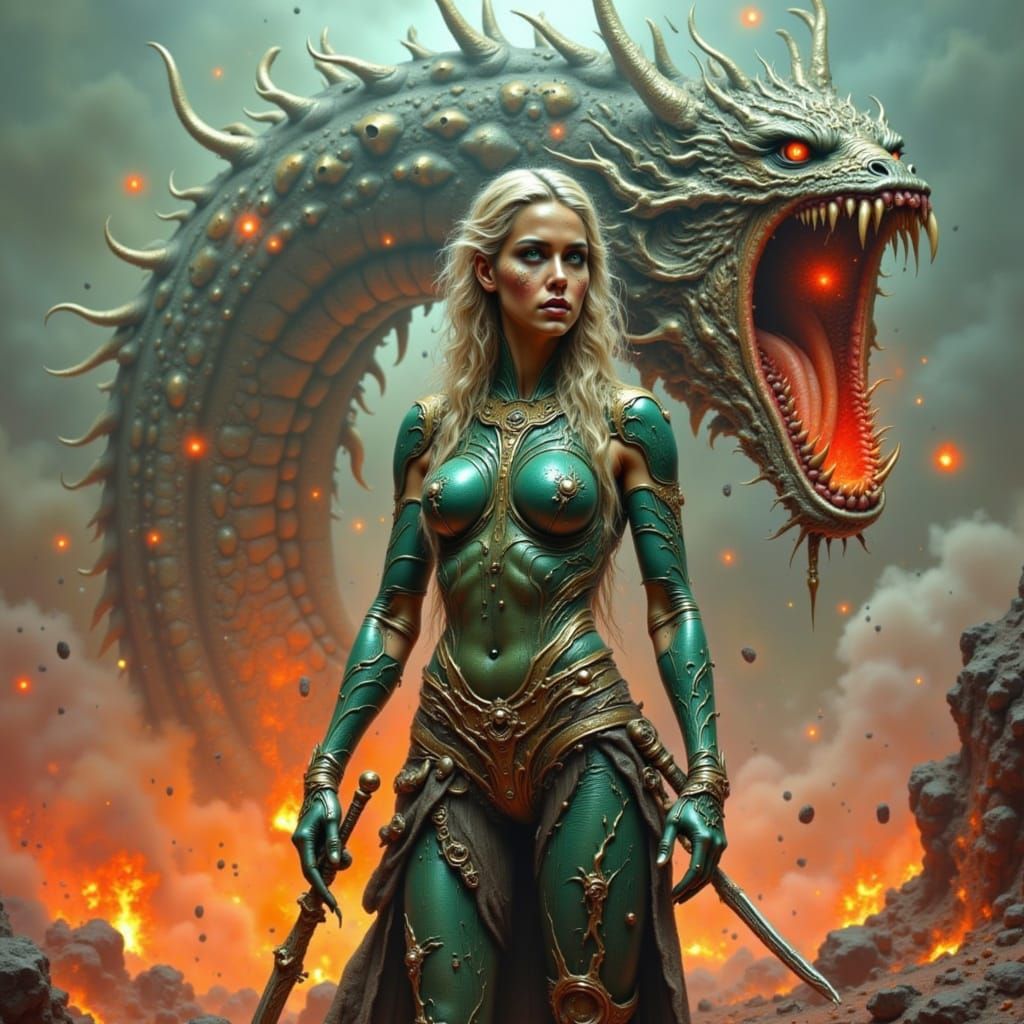 Warrior Queen Battles Three-Headed Serpent in Fiery Volcanic...