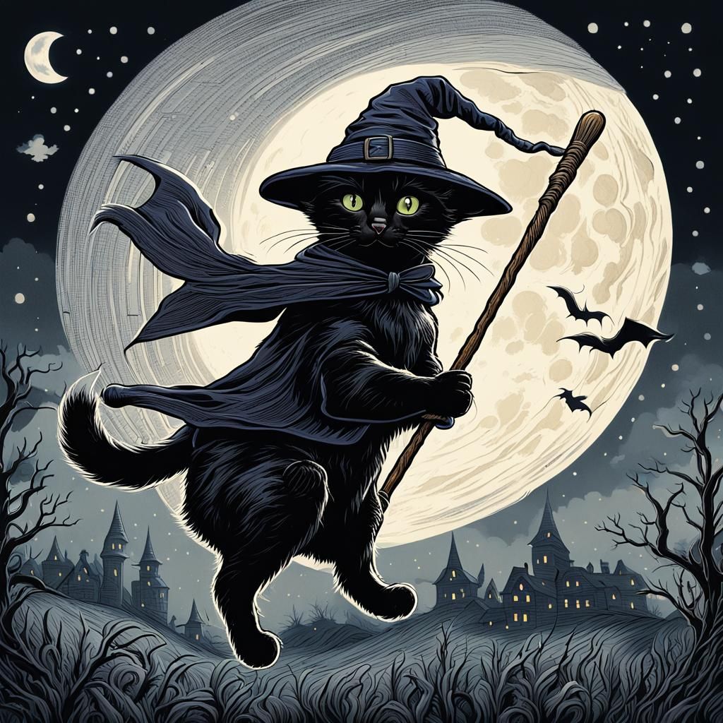 Black Kitten Witch Rides Broomstick: Tenniel-Inspired Art