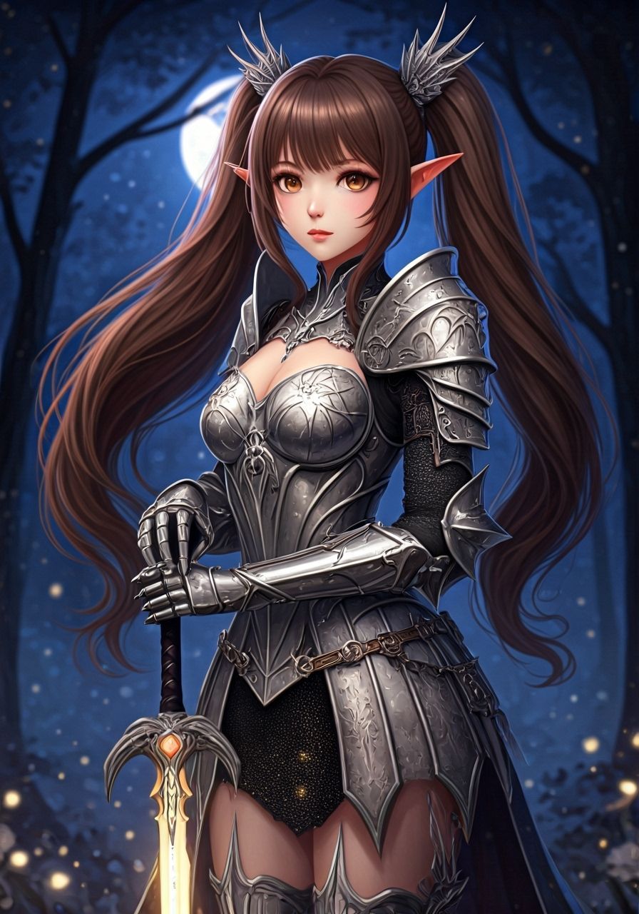 Elven Spider Knight in Moonlit Forest, Anime Style