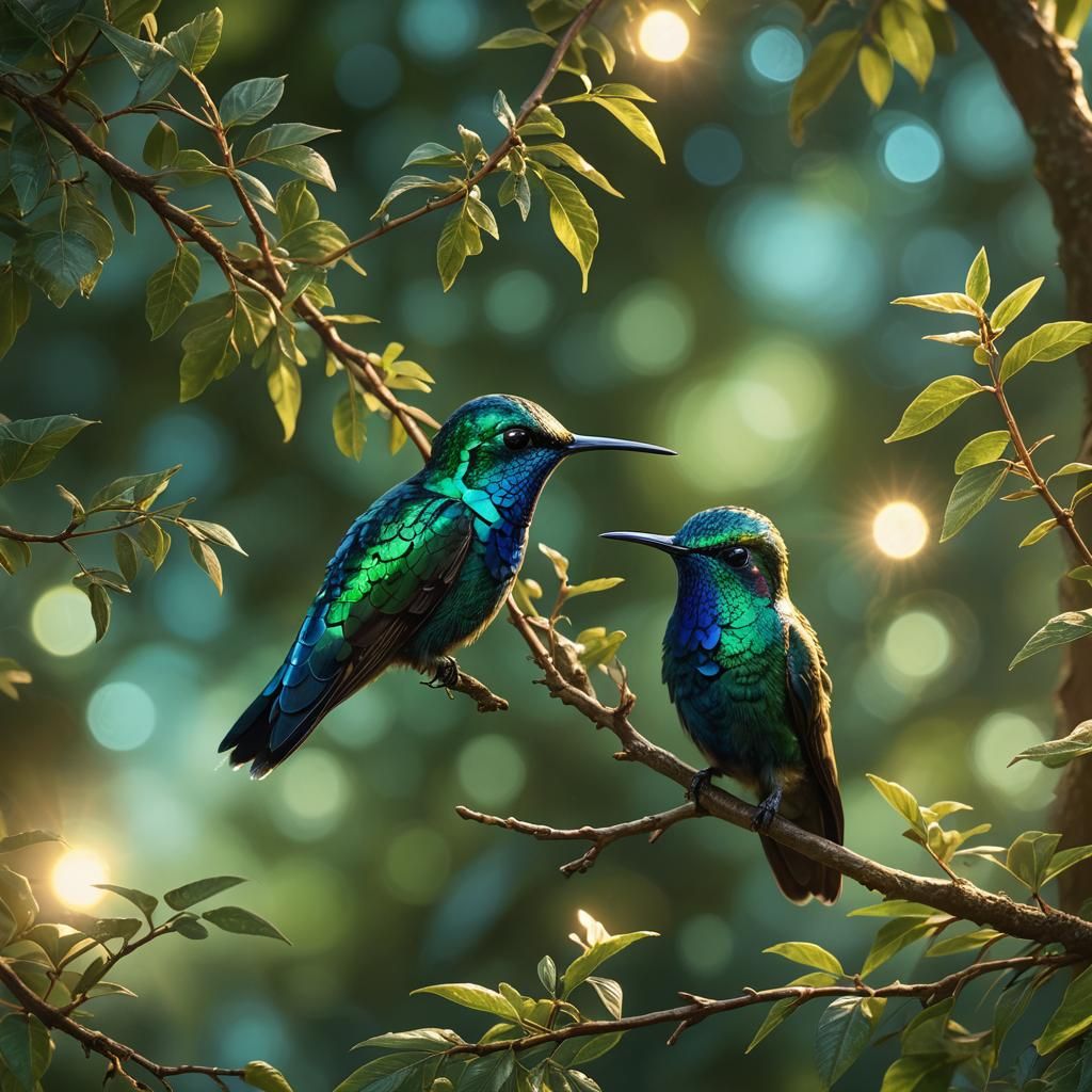 Blue Jewel Hummingbird in Fantastical Green Scene