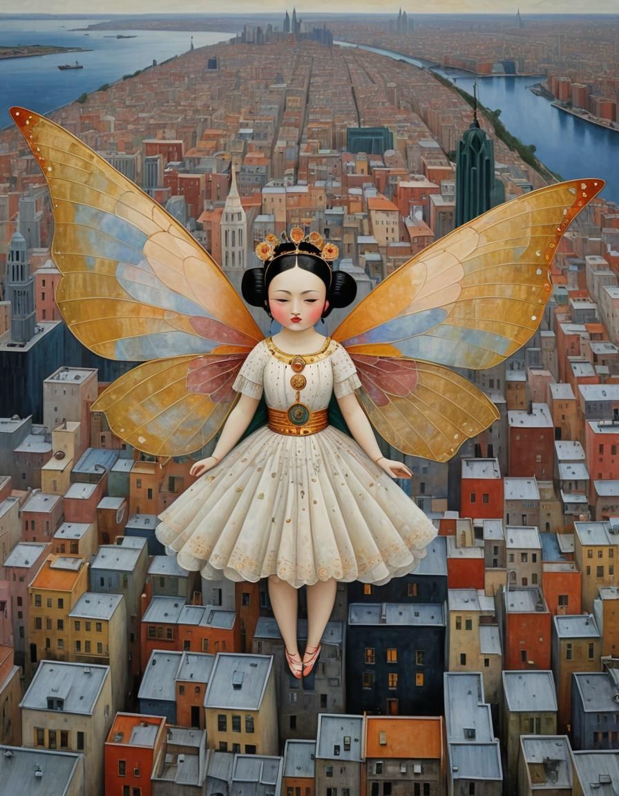 Magical Fairy Over Cityscape in Impasto Style