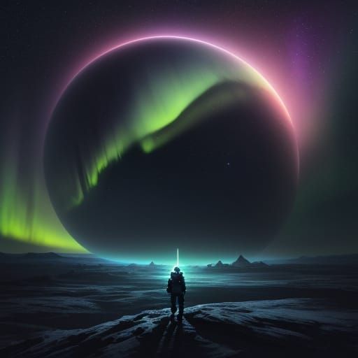 Astronaut Gazing at Aurora on Alien Planet