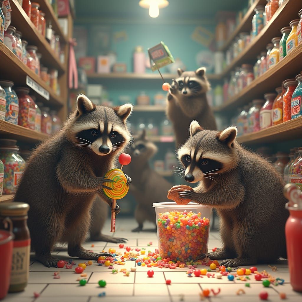 Raccoons Stage Comedic Heist at Candy Store