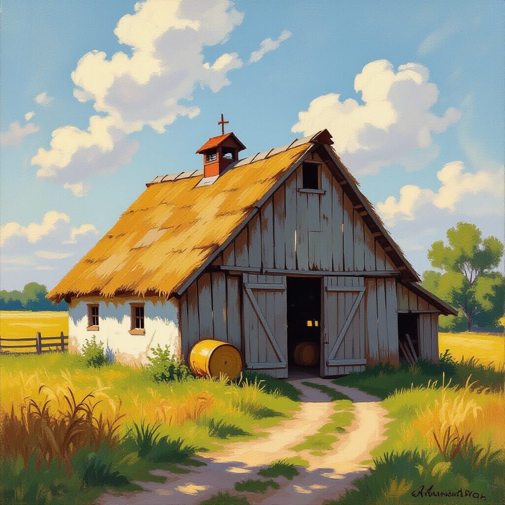 Rustic Barn in Impressionistic Style with Golden Light