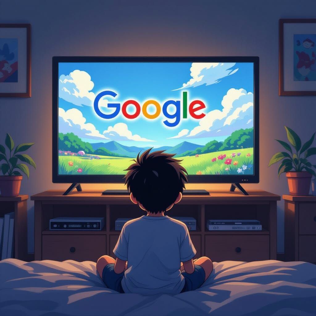 Boy Watches Anime TV Transition to Google Logo in Vibrant St...