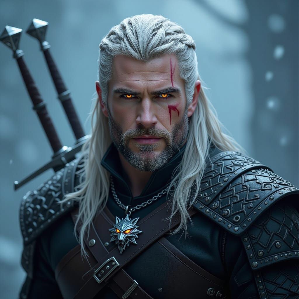 Liam Hemsworth as Geralt of Rivia in Dark Fantasy Style