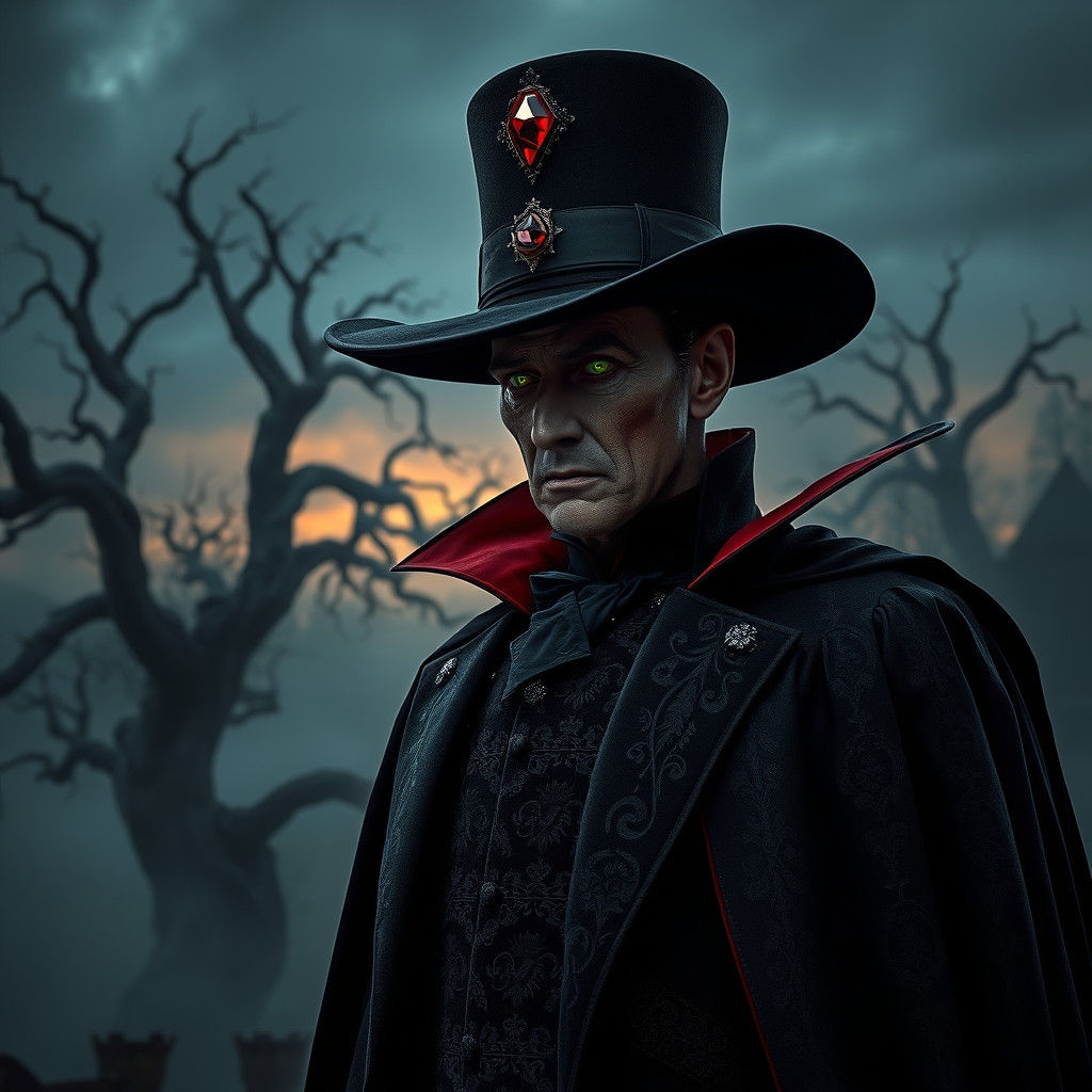 Dracula in Ornate Victorian Attire and Wide-Brimmed Hat