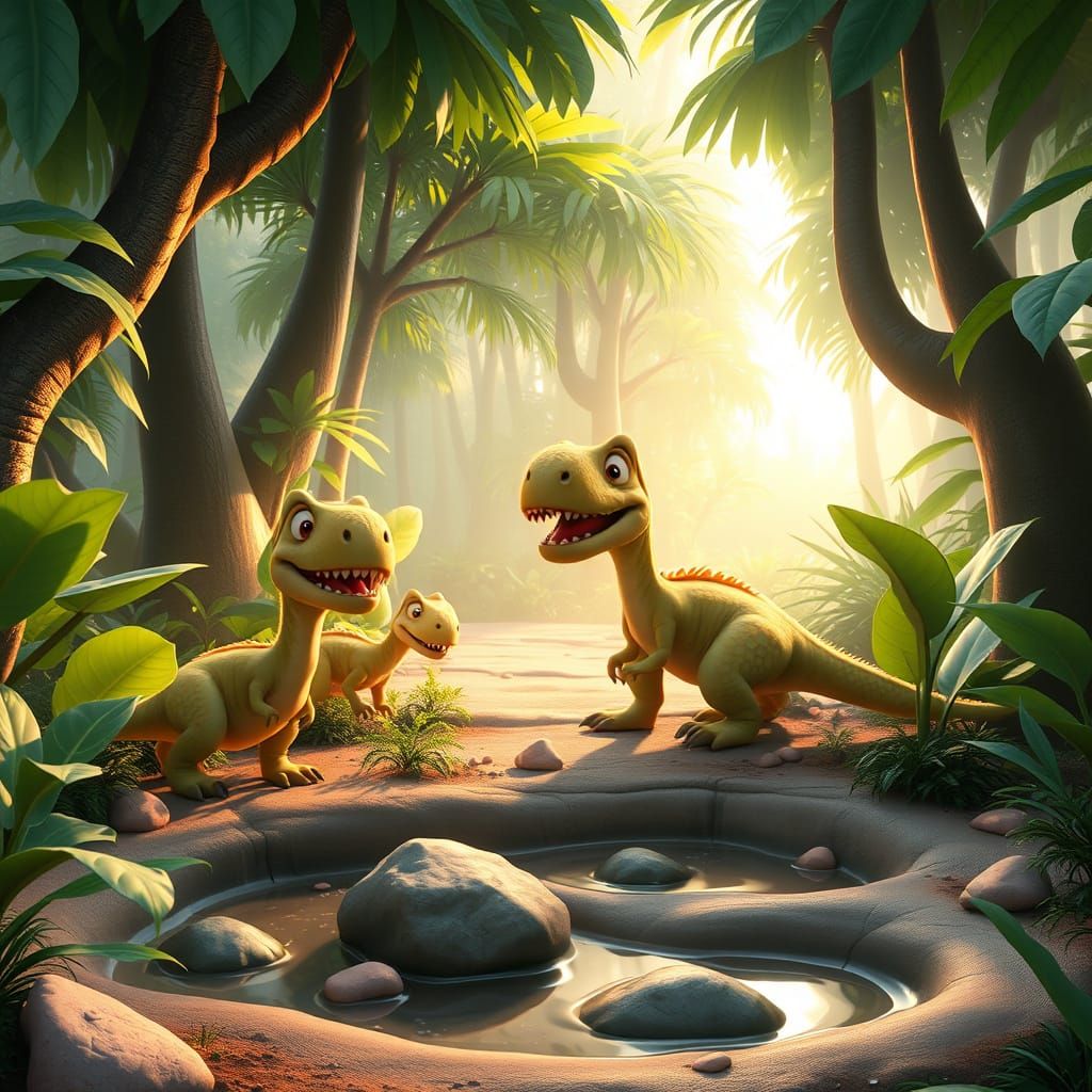 Joyful Jurassic Scene in Pixar 3D Style