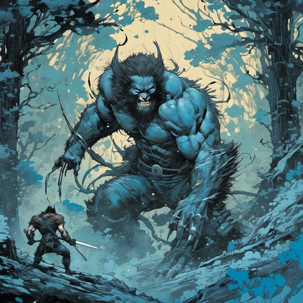 Wolverine and Sabretooth Primal Battle in Moonlit Forest