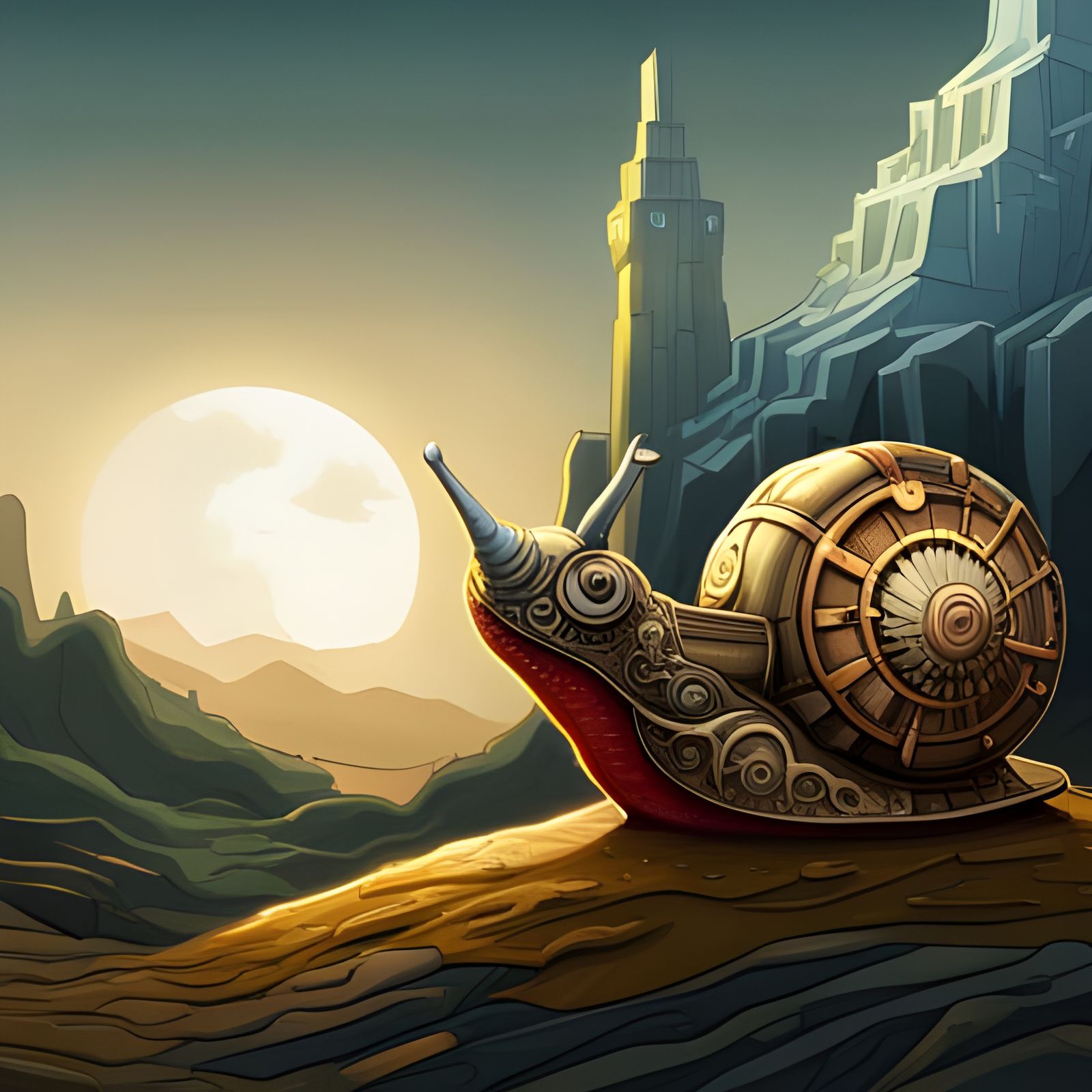 Steampunk Snail in Forest, Comic Book Style