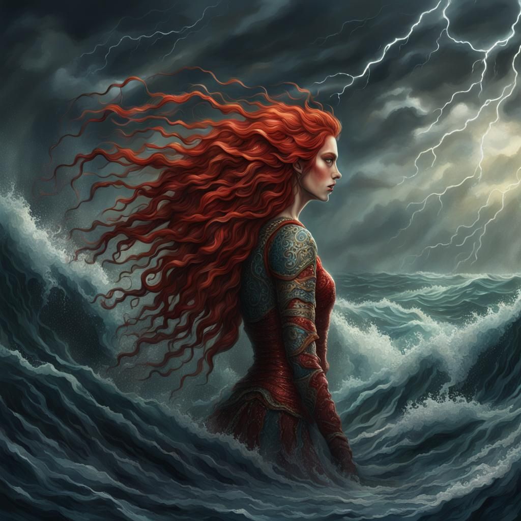 Siren with Red Hair in Stormy Seas